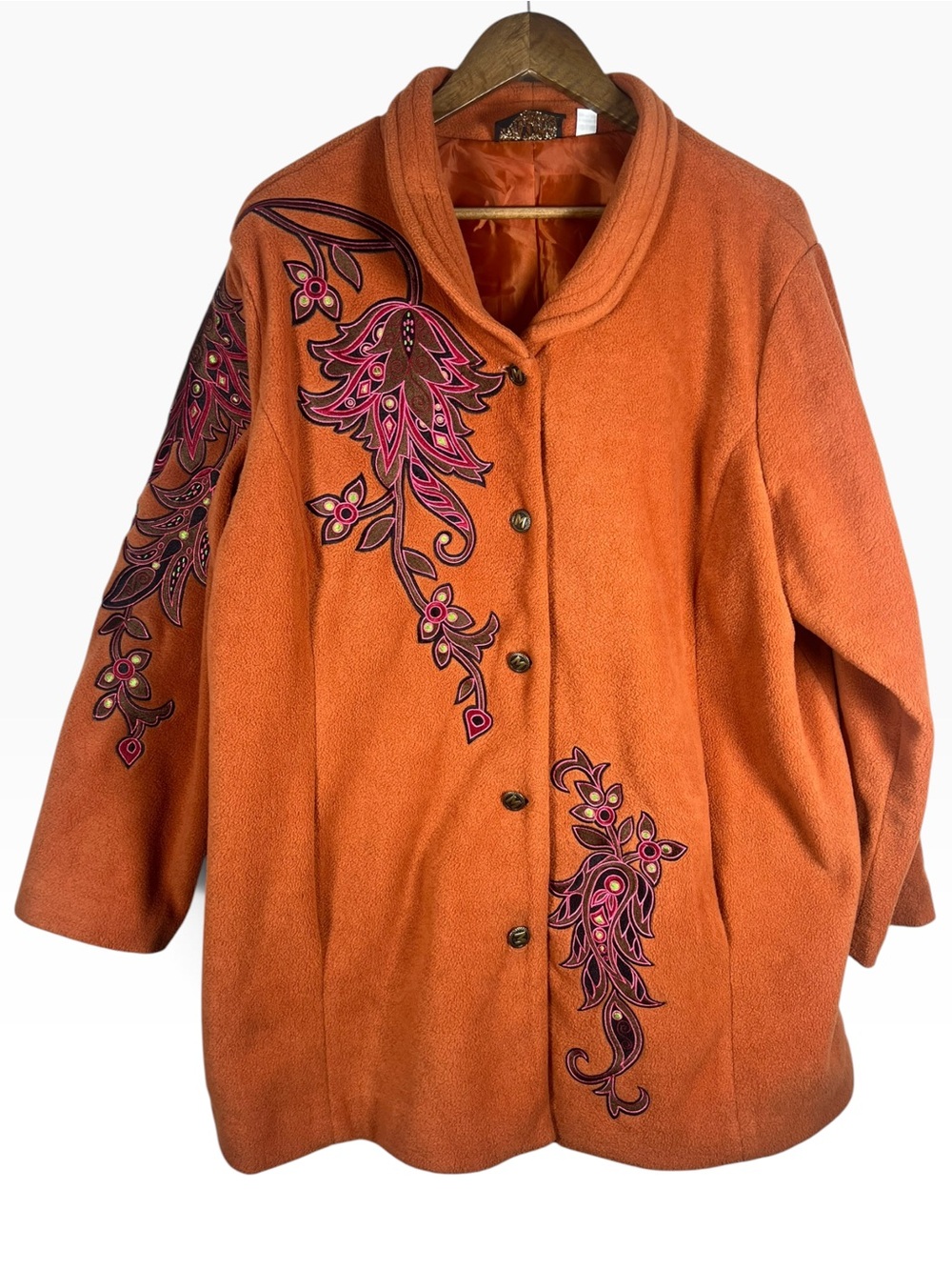 Bob Mackie Wearable Art Floral Embroidered Fleece Jacket 2X Orange Artsy Fall